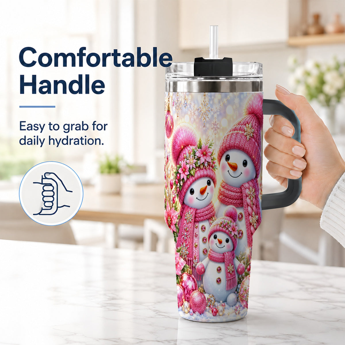 #pl[40oz|Black] Sparkling Snowman Family 40oz Tumbler with Handle, Winter Travel Cup