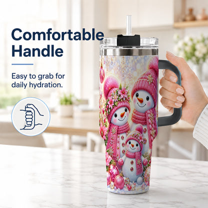 #pl[40oz|Black] Sparkling Snowman Family 40oz Tumbler with Handle, Winter Travel Cup