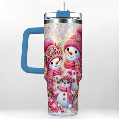 #pl[40oz|Blue] Sparkling Snowman Family 40oz Tumbler with Handle, Winter Travel Cup