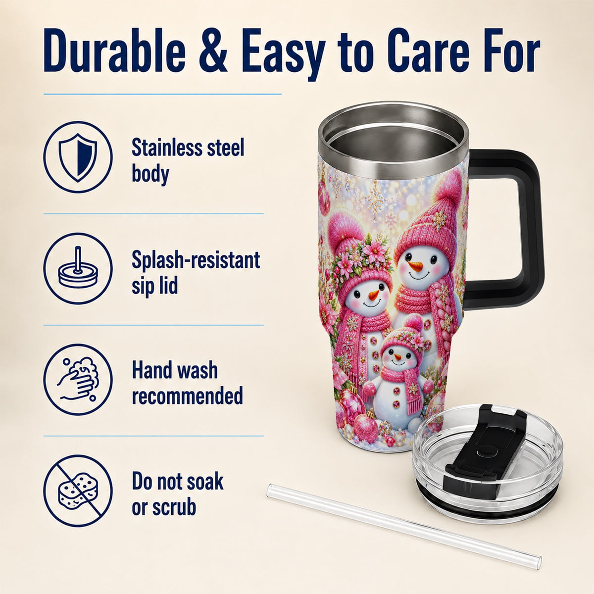 #pl[40oz|Black] Sparkling Snowman Family 40oz Tumbler with Handle, Winter Travel Cup