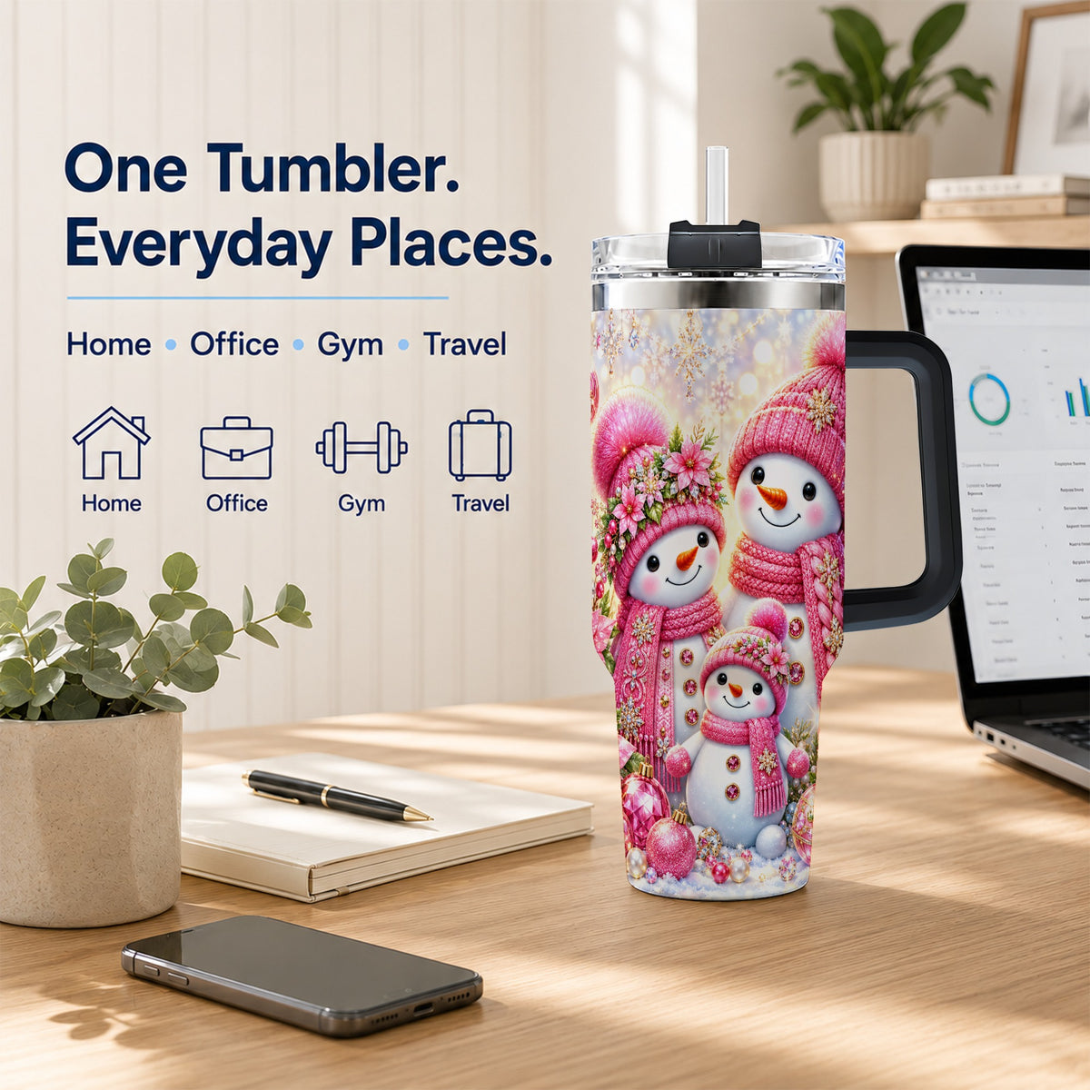 #pl[40oz|Black] Sparkling Snowman Family 40oz Tumbler with Handle, Winter Travel Cup