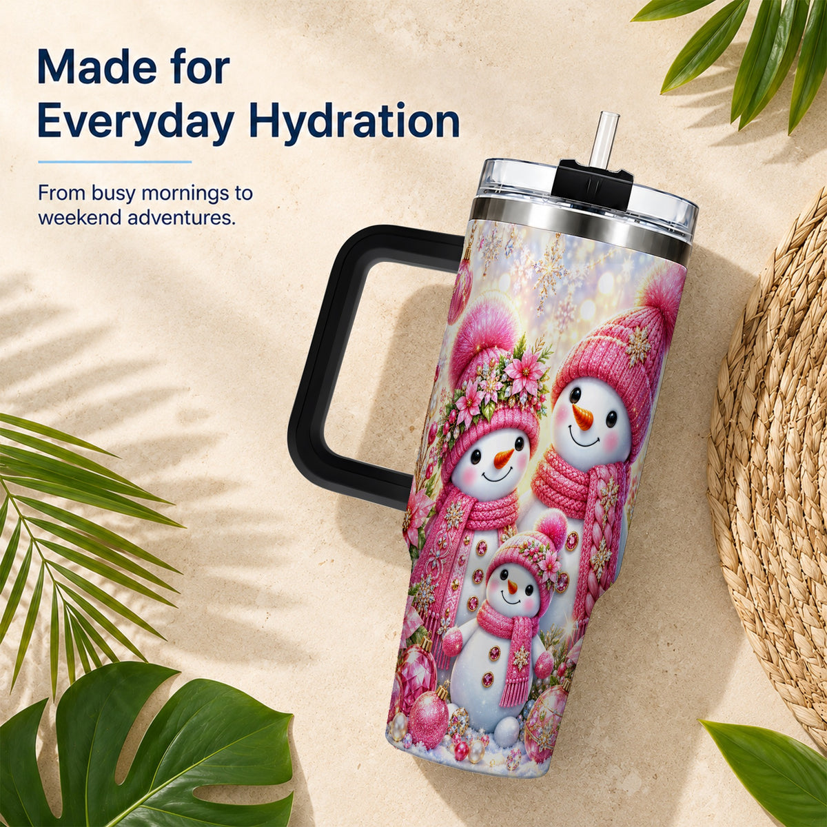 #pl[40oz|Black] Sparkling Snowman Family 40oz Tumbler with Handle, Winter Travel Cup