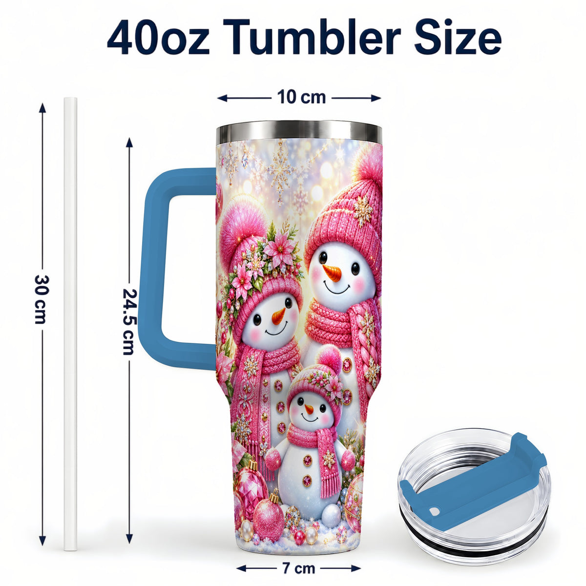 #pl[40oz|Blue] Sparkling Snowman Family 40oz Tumbler with Handle, Winter Travel Cup