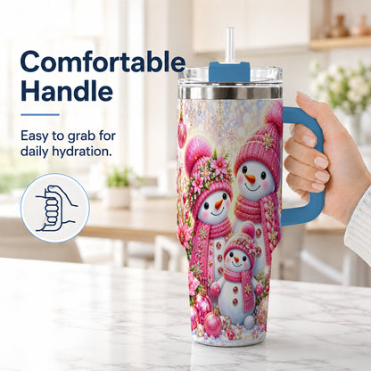 #pl[40oz|Blue] Sparkling Snowman Family 40oz Tumbler with Handle, Winter Travel Cup