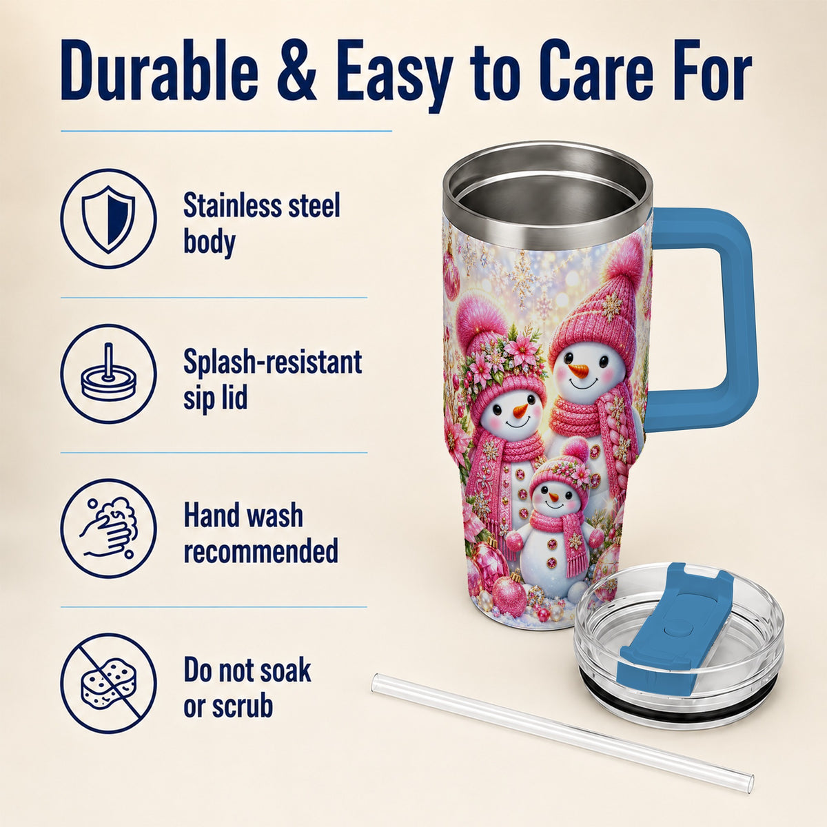 #pl[40oz|Blue] Sparkling Snowman Family 40oz Tumbler with Handle, Winter Travel Cup