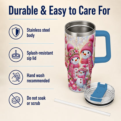 #pl[40oz|Blue] Sparkling Snowman Family 40oz Tumbler with Handle, Winter Travel Cup