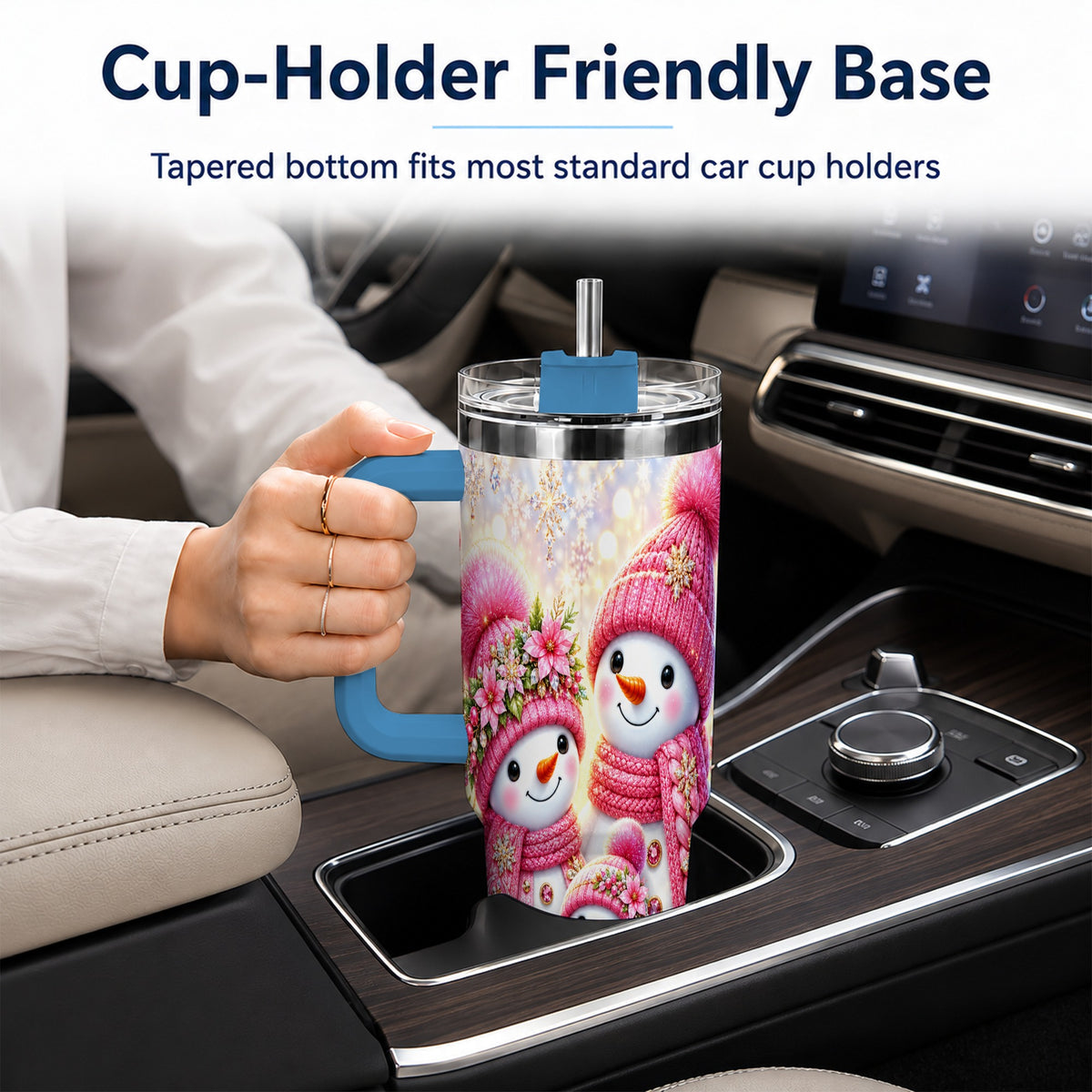 #pl[40oz|Blue] Sparkling Snowman Family 40oz Tumbler with Handle, Winter Travel Cup