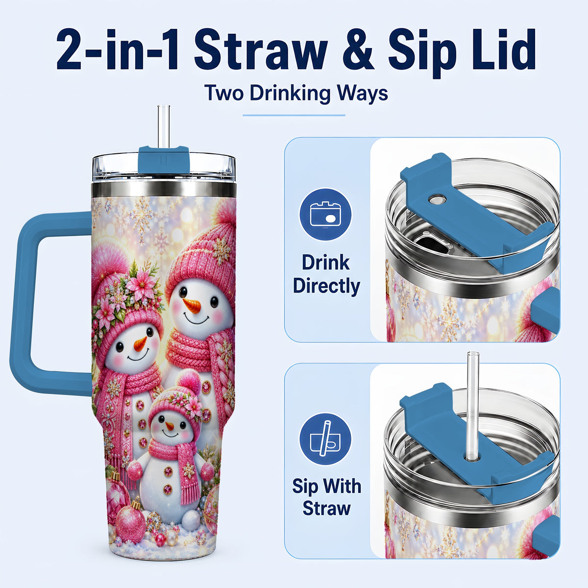 #pl[40oz|Blue] Sparkling Snowman Family 40oz Tumbler with Handle, Winter Travel Cup