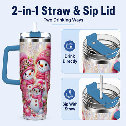#pl[40oz|Blue] Sparkling Snowman Family 40oz Tumbler with Handle, Winter Travel Cup
