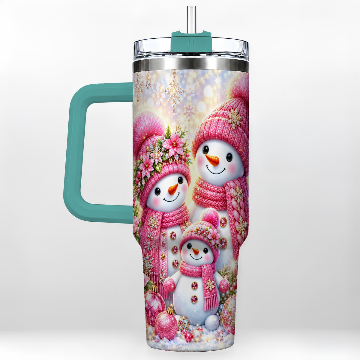#pl[40oz|Green] Sparkling Snowman Family 40oz Tumbler with Handle, Winter Travel Cup