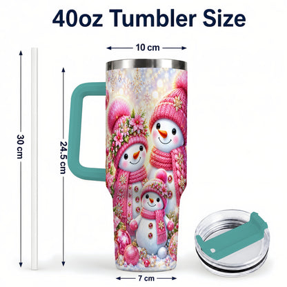 #pl[40oz|Green] Sparkling Snowman Family 40oz Tumbler with Handle, Winter Travel Cup