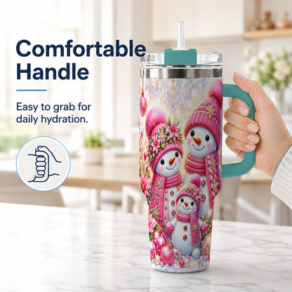 #pl[40oz|Green] Sparkling Snowman Family 40oz Tumbler with Handle, Winter Travel Cup