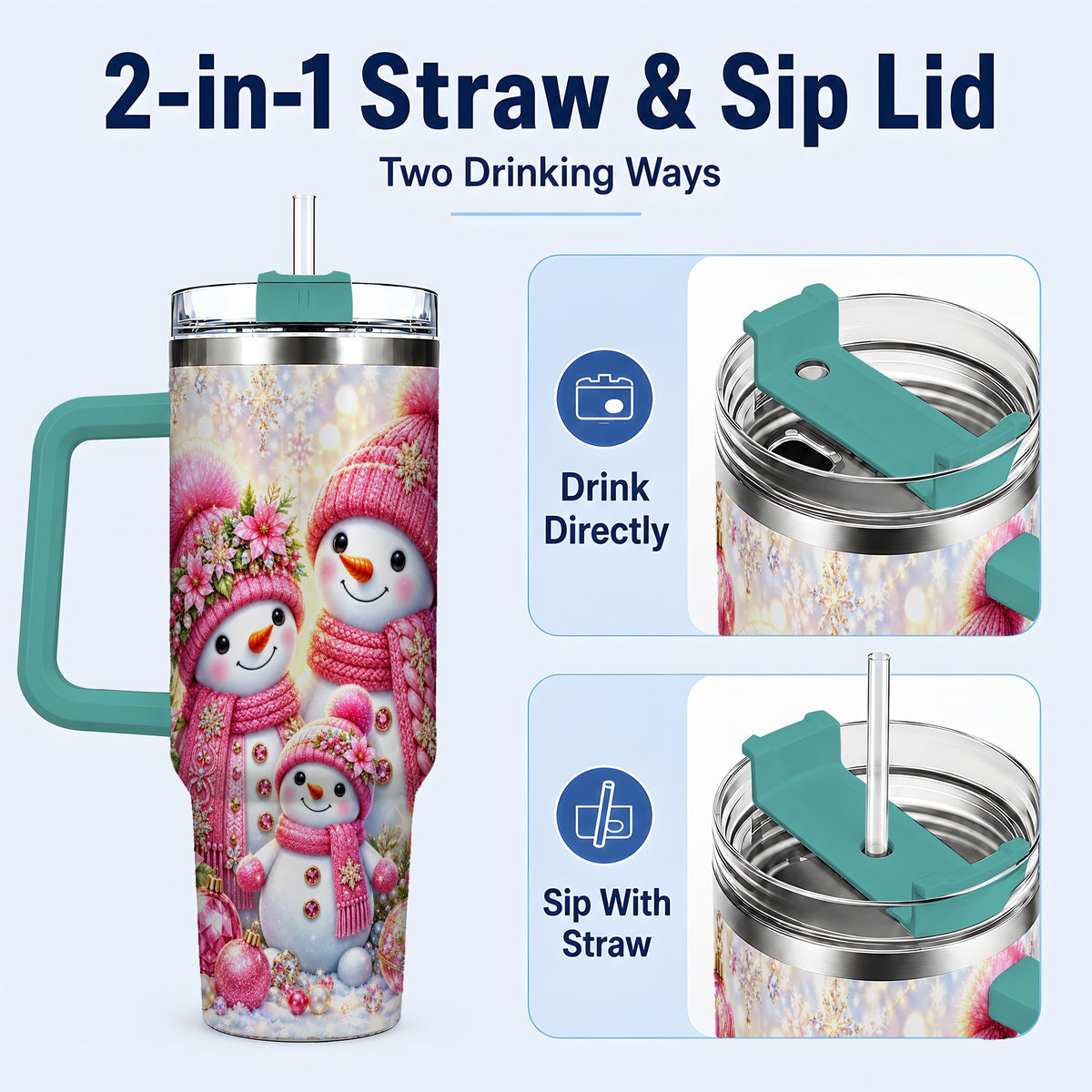 #pl[40oz|Green] Sparkling Snowman Family 40oz Tumbler with Handle, Winter Travel Cup