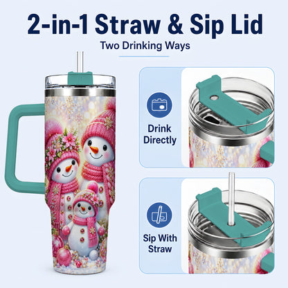 #pl[40oz|Green] Sparkling Snowman Family 40oz Tumbler with Handle, Winter Travel Cup