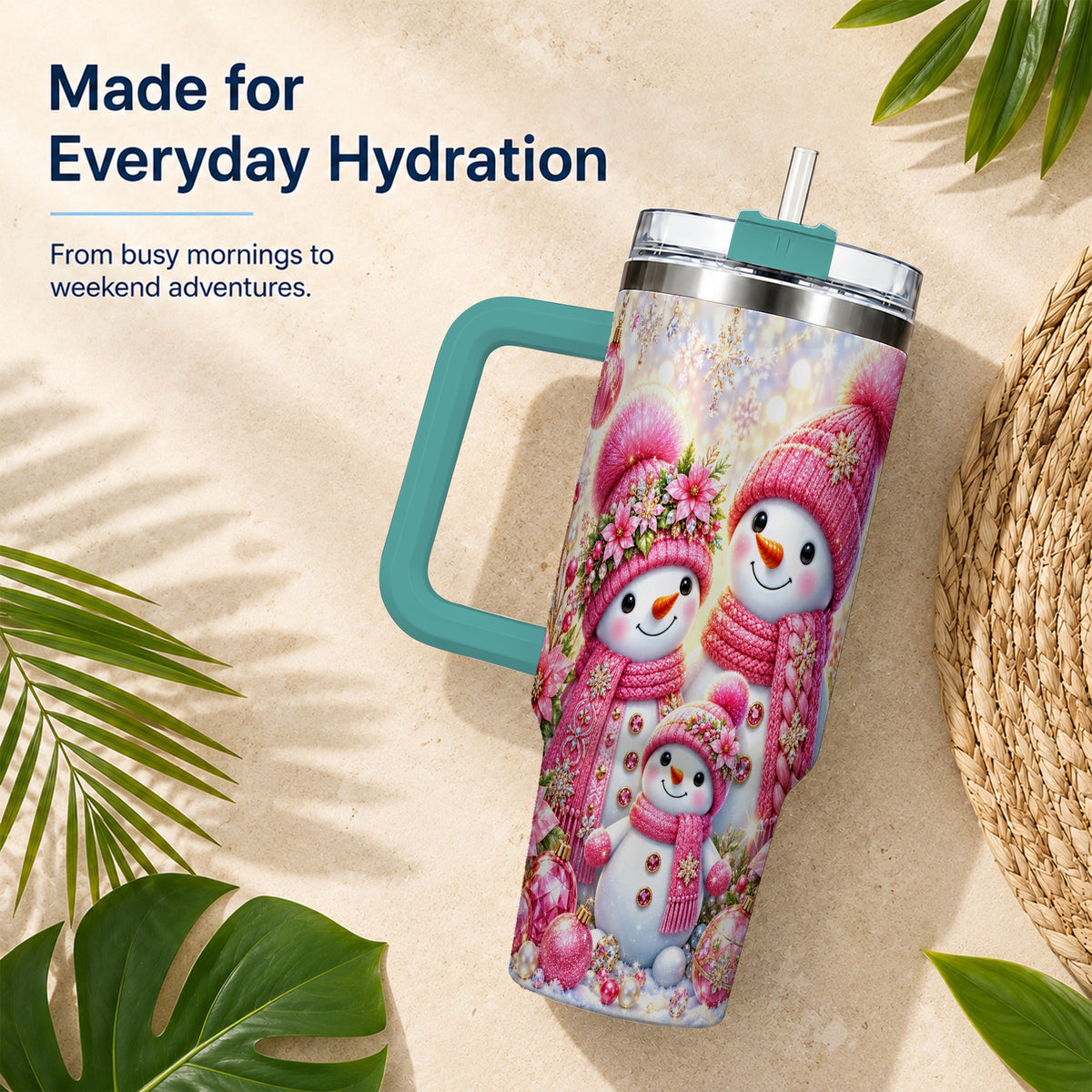 #pl[40oz|Green] Sparkling Snowman Family 40oz Tumbler with Handle, Winter Travel Cup