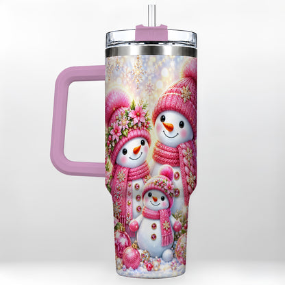 #pl[40oz|Pink] Sparkling Snowman Family 40oz Tumbler with Handle, Winter Travel Cup