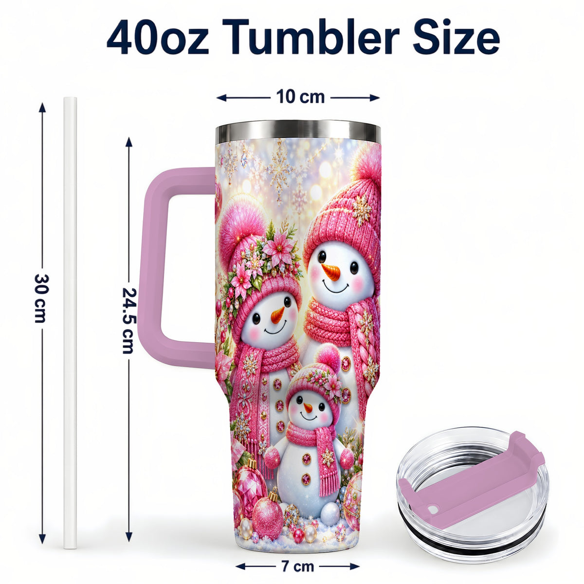 #pl[40oz|Pink] Sparkling Snowman Family 40oz Tumbler with Handle, Winter Travel Cup