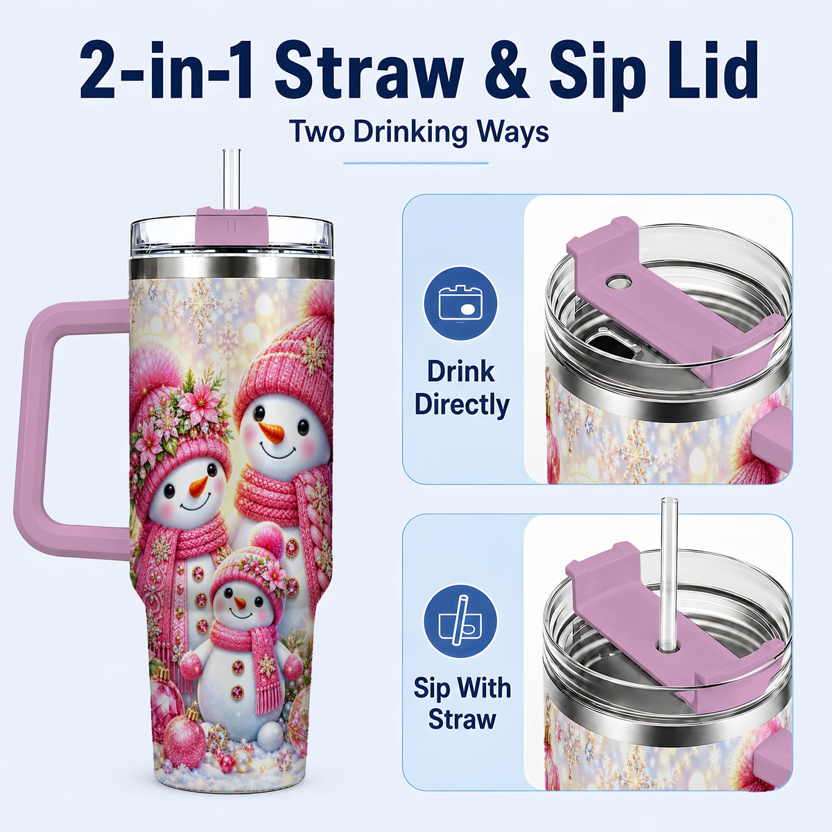 #pl[40oz|Pink] Sparkling Snowman Family 40oz Tumbler with Handle, Winter Travel Cup