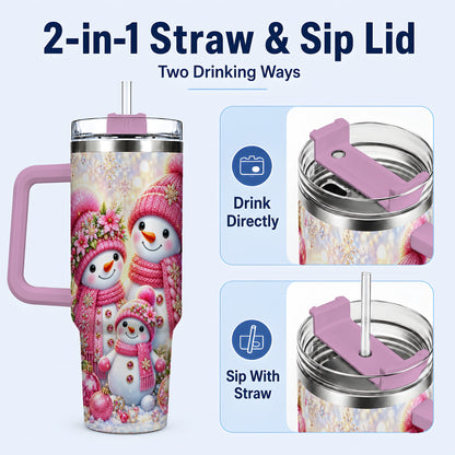 #pl[40oz|Pink] Sparkling Snowman Family 40oz Tumbler with Handle, Winter Travel Cup