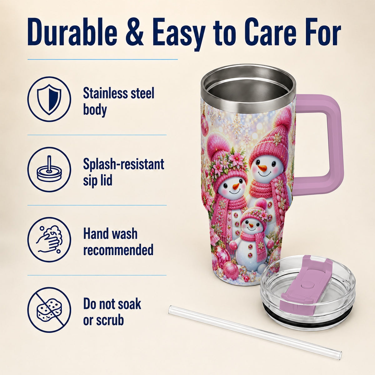 #pl[40oz|Pink] Sparkling Snowman Family 40oz Tumbler with Handle, Winter Travel Cup