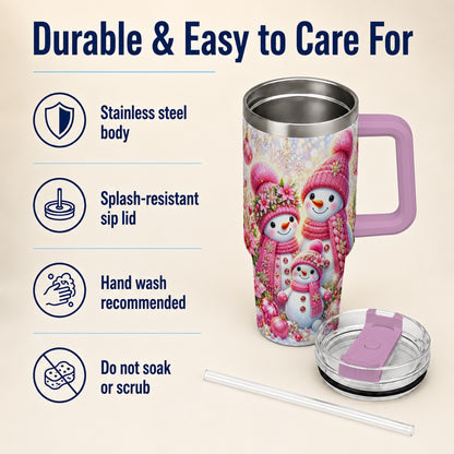 #pl[40oz|Pink] Sparkling Snowman Family 40oz Tumbler with Handle, Winter Travel Cup