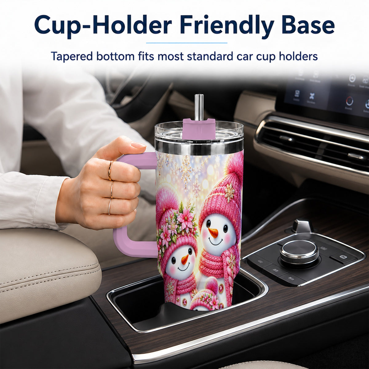 #pl[40oz|Pink] Sparkling Snowman Family 40oz Tumbler with Handle, Winter Travel Cup