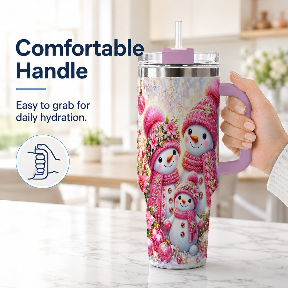 #pl[40oz|Pink] Sparkling Snowman Family 40oz Tumbler with Handle, Winter Travel Cup