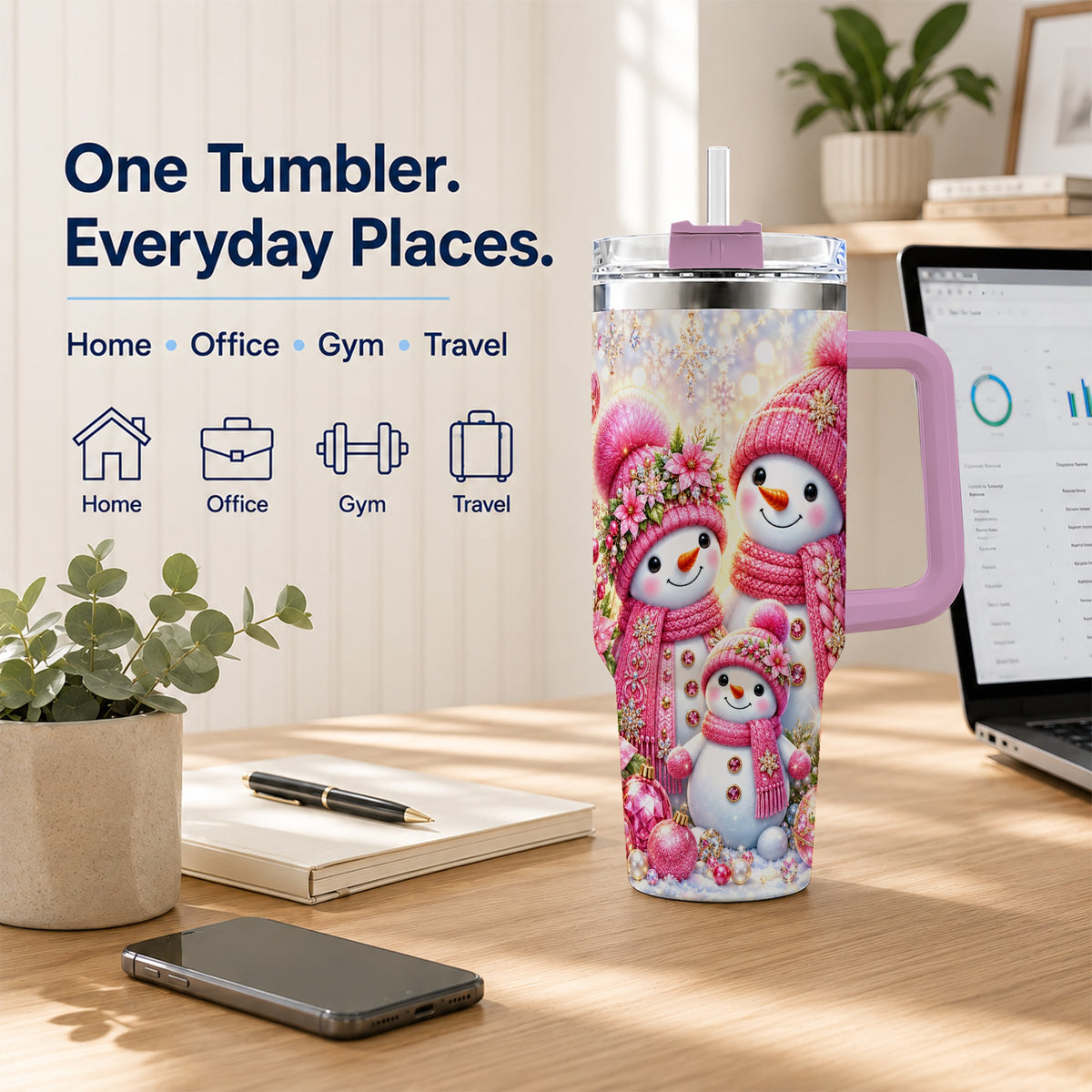 #pl[40oz|Pink] Sparkling Snowman Family 40oz Tumbler with Handle, Winter Travel Cup