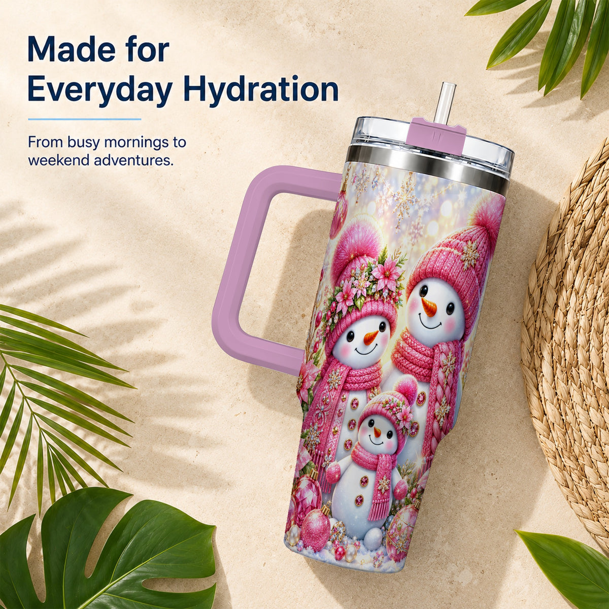 #pl[40oz|Pink] Sparkling Snowman Family 40oz Tumbler with Handle, Winter Travel Cup