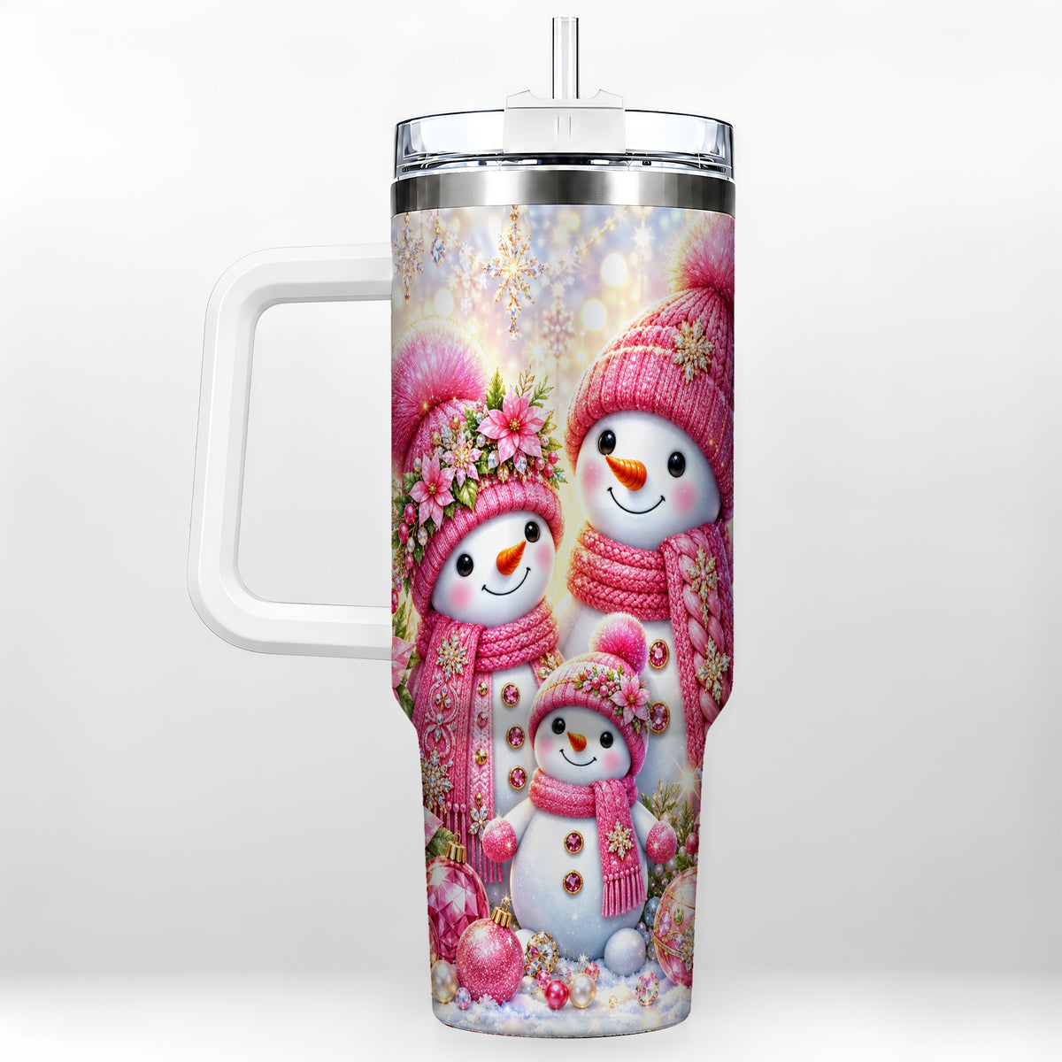 Sparkling Snowman Family 40oz Tumbler with Handle, Winter Travel Cup