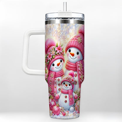 Sparkling Snowman Family 40oz Tumbler with Handle, Winter Travel Cup
