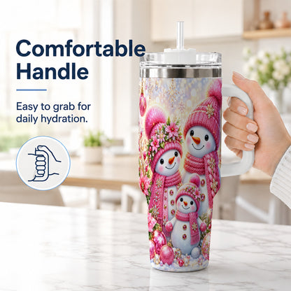 #pl[40oz|White] Sparkling Snowman Family 40oz Tumbler with Handle, Winter Travel Cup