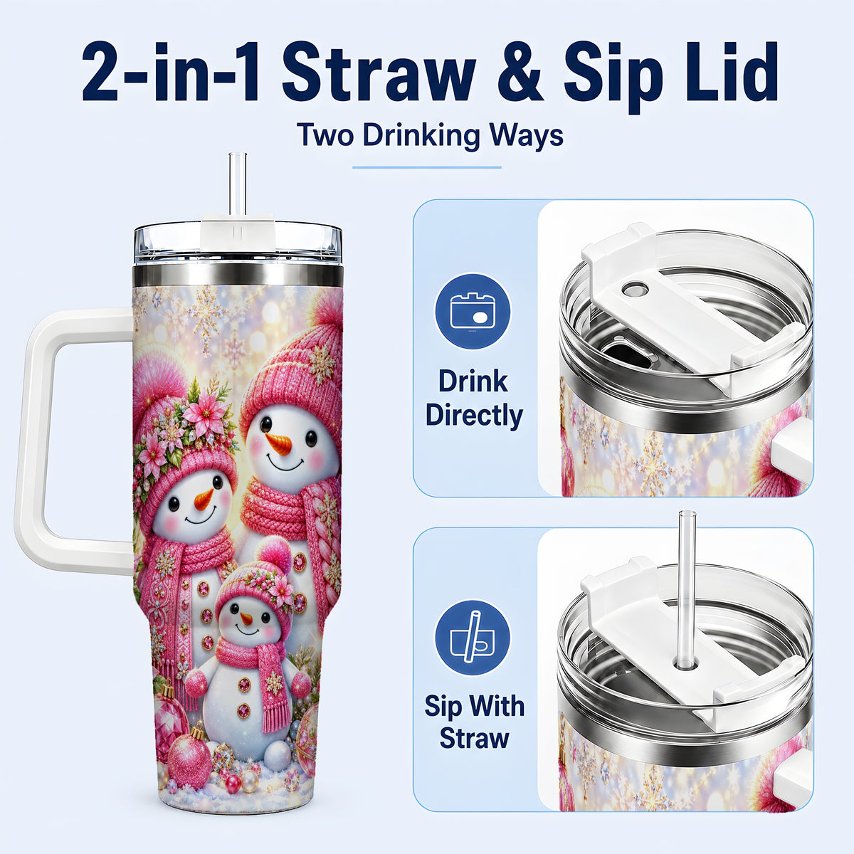 #pl[40oz|White] Sparkling Snowman Family 40oz Tumbler with Handle, Winter Travel Cup