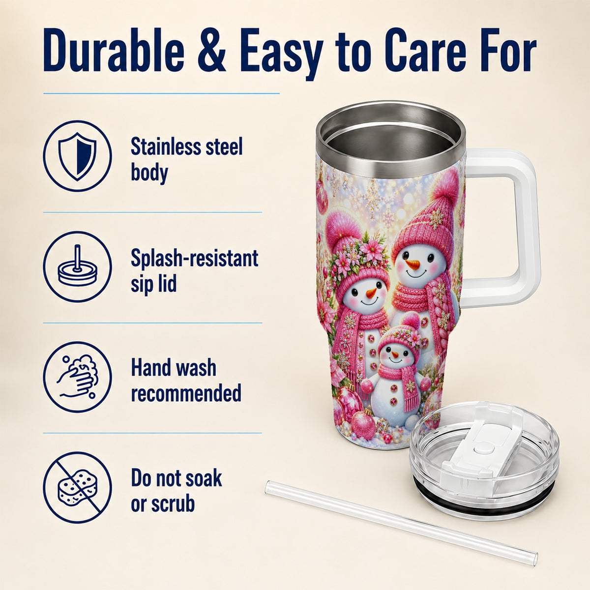 #pl[40oz|White] Sparkling Snowman Family 40oz Tumbler with Handle, Winter Travel Cup