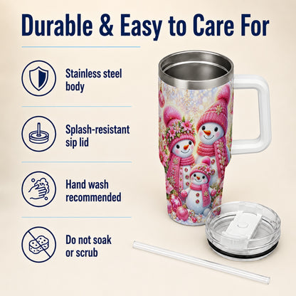 #pl[40oz|White] Sparkling Snowman Family 40oz Tumbler with Handle, Winter Travel Cup