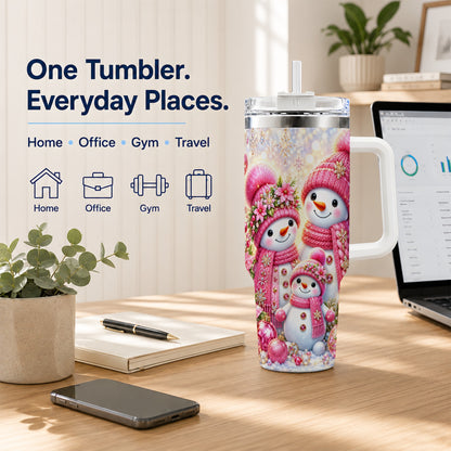 #pl[40oz|White] Sparkling Snowman Family 40oz Tumbler with Handle, Winter Travel Cup