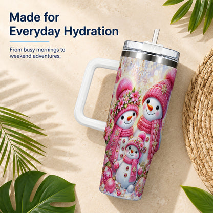 #pl[40oz|White] Sparkling Snowman Family 40oz Tumbler with Handle, Winter Travel Cup
