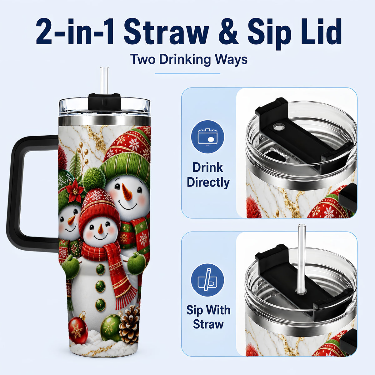 #pl[40oz|Black] Christmas Snowman Family 40oz Tumbler with Handle, Plaid Travel Cup