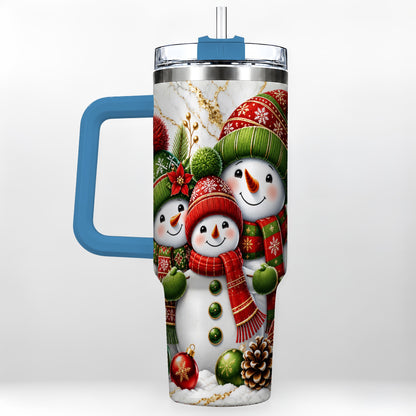 #pl[40oz|Blue] Christmas Snowman Family 40oz Tumbler with Handle, Plaid Travel Cup