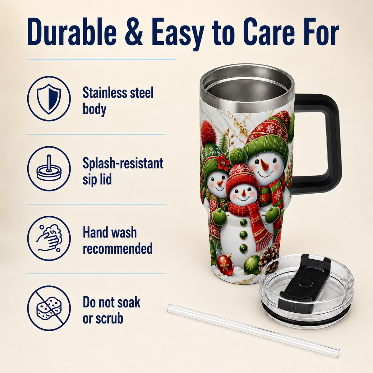 #pl[40oz|Black] Christmas Snowman Family 40oz Tumbler with Handle, Plaid Travel Cup