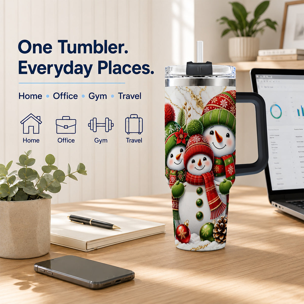 #pl[40oz|Black] Christmas Snowman Family 40oz Tumbler with Handle, Plaid Travel Cup