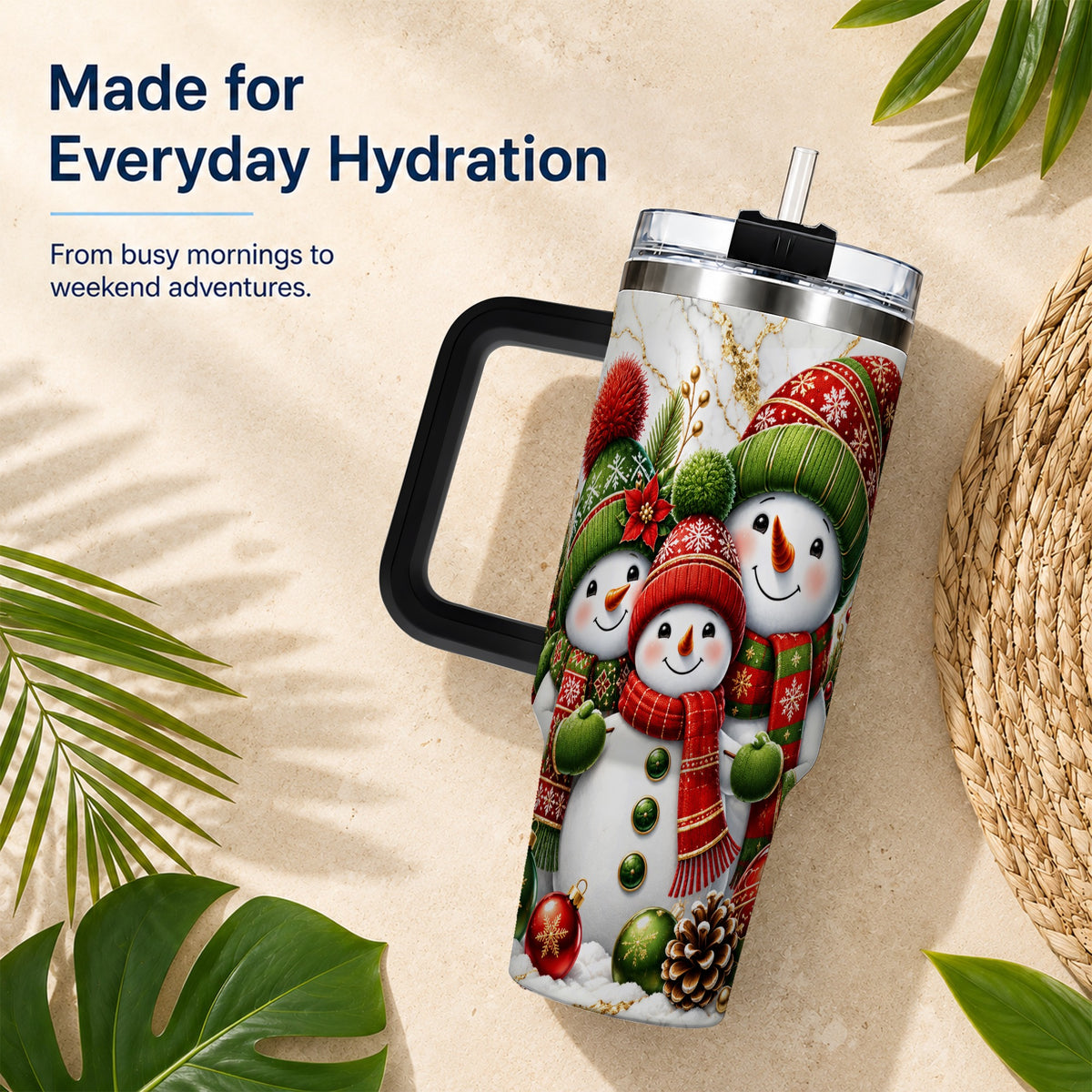 #pl[40oz|Black] Christmas Snowman Family 40oz Tumbler with Handle, Plaid Travel Cup