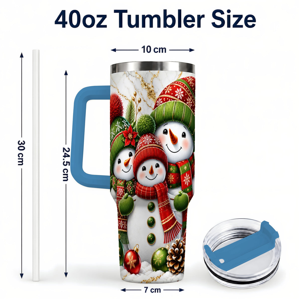 #pl[40oz|Blue] Christmas Snowman Family 40oz Tumbler with Handle, Plaid Travel Cup