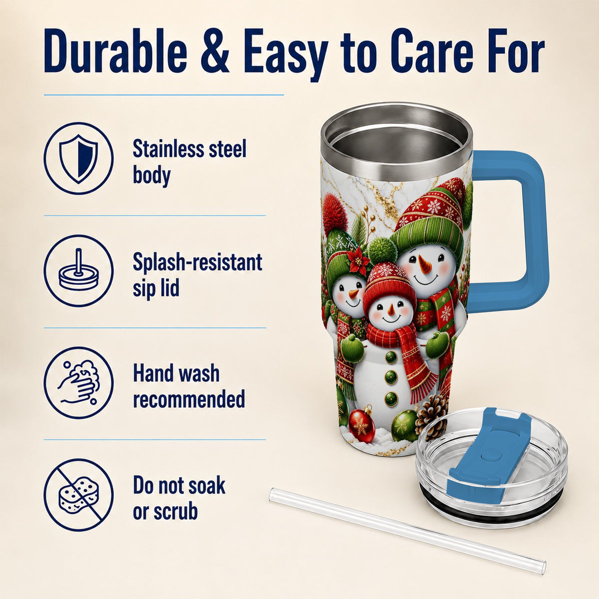 #pl[40oz|Blue] Christmas Snowman Family 40oz Tumbler with Handle, Plaid Travel Cup