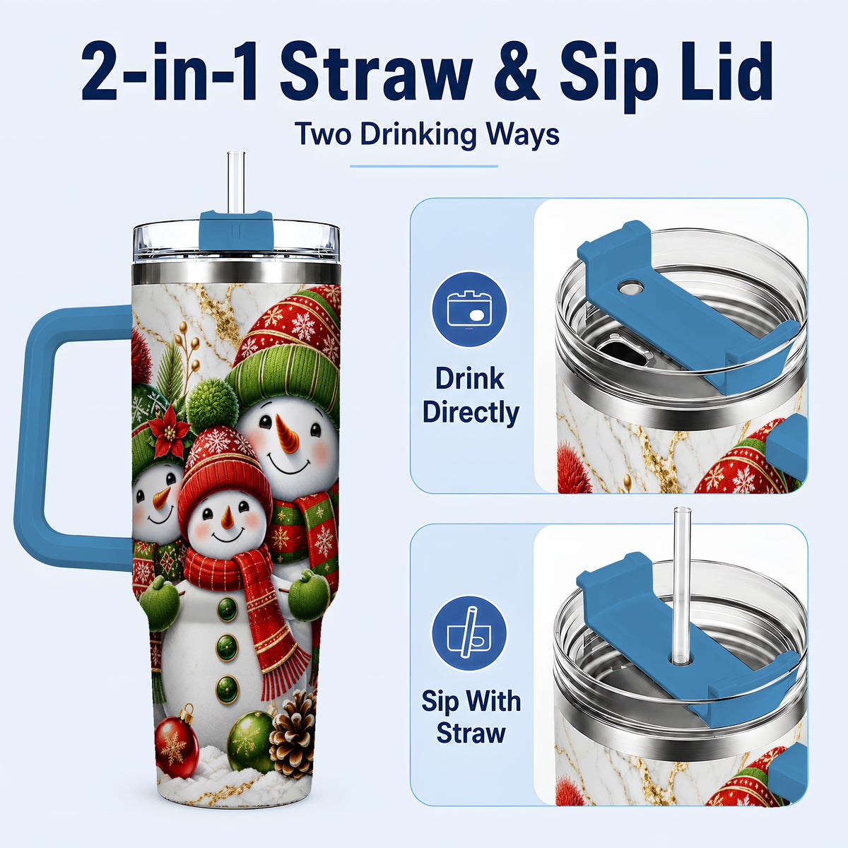 #pl[40oz|Blue] Christmas Snowman Family 40oz Tumbler with Handle, Plaid Travel Cup