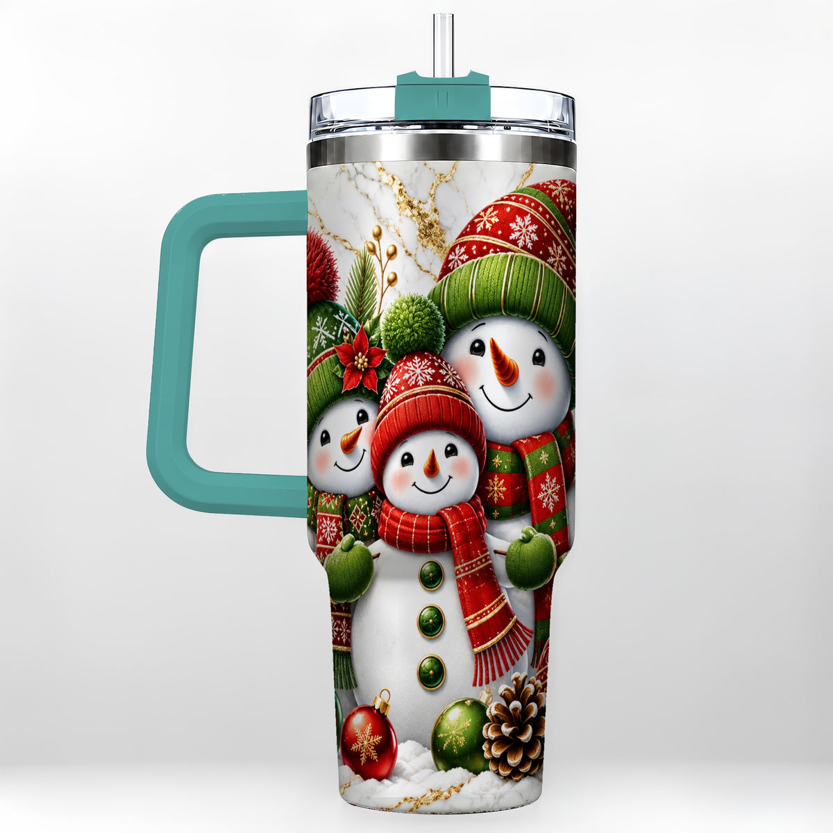 #pl[40oz|Green] Christmas Snowman Family 40oz Tumbler with Handle, Plaid Travel Cup