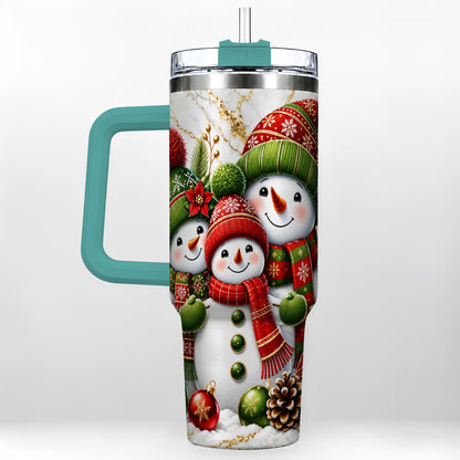 #pl[40oz|Green] Christmas Snowman Family 40oz Tumbler with Handle, Plaid Travel Cup