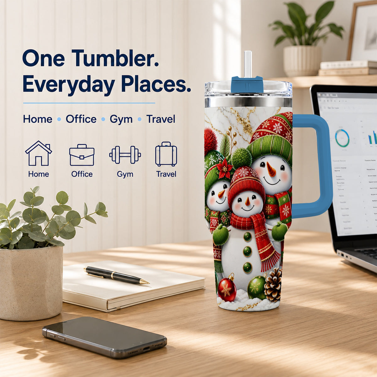 #pl[40oz|Blue] Christmas Snowman Family 40oz Tumbler with Handle, Plaid Travel Cup