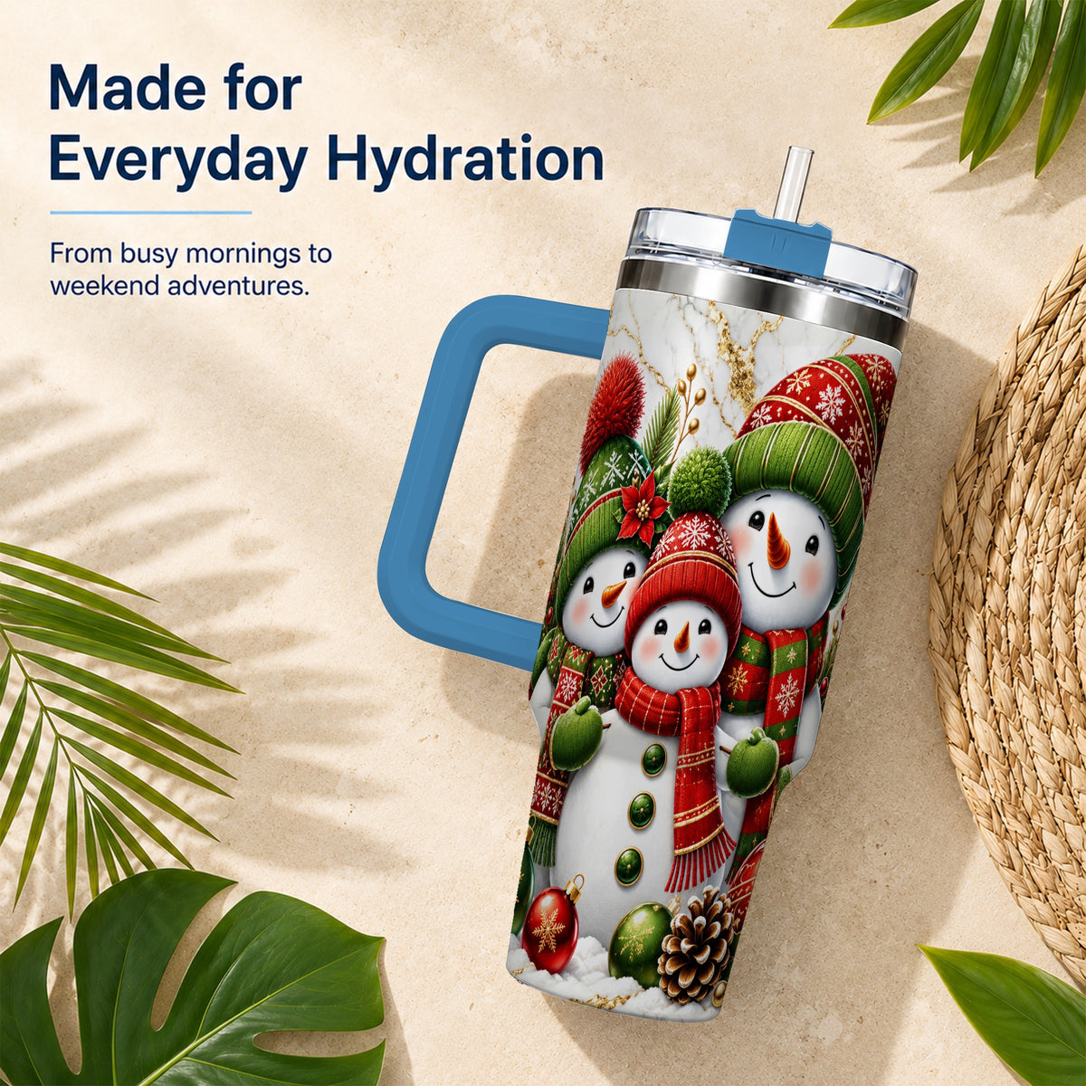 #pl[40oz|Blue] Christmas Snowman Family 40oz Tumbler with Handle, Plaid Travel Cup