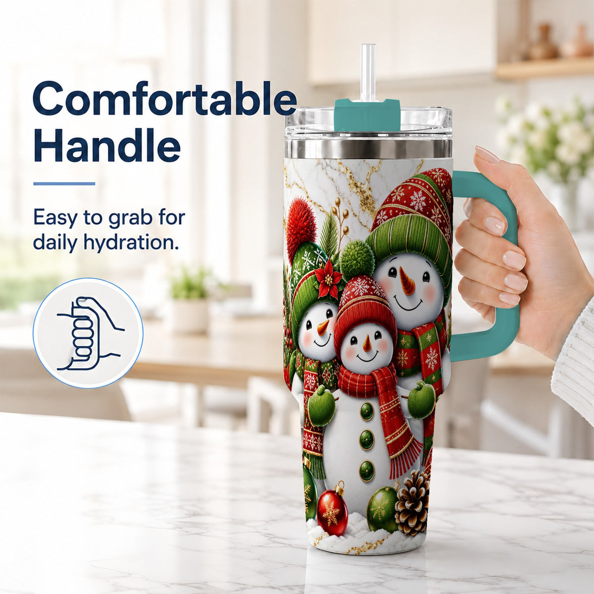 #pl[40oz|Green] Christmas Snowman Family 40oz Tumbler with Handle, Plaid Travel Cup